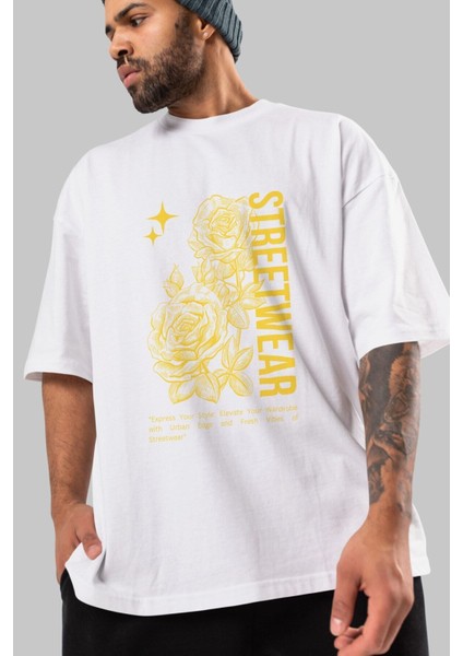 Minimalist Streetwear Ön Baskılı Beyaz Oversize T-Shirt Erkek Kadın Bisiklet Yaka modelleri