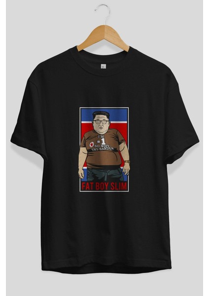 Fat Boy Slim Kim Jong Ön Baskılı Siyah Oversize T-Shirt Erkek Kadın Bisiklet Yaka fiyatları