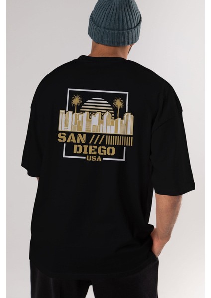 San Diego Arka Baskılı Siyah Oversize T-Shirt Erkek Kadın Bisiklet Yaka