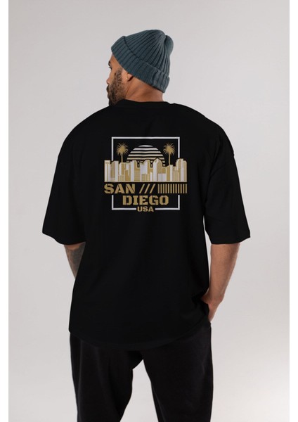 San Diego Arka Baskılı Siyah Oversize T-Shirt Erkek Kadın Bisiklet Yaka modelleri