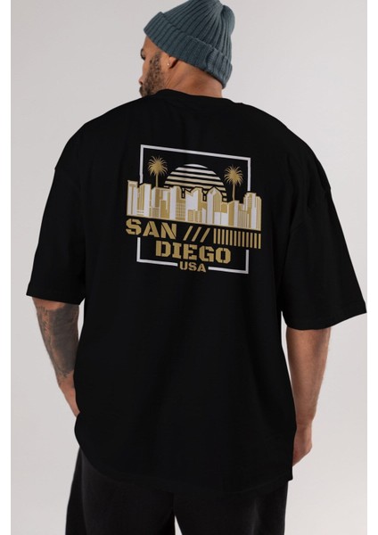 San Diego Arka Baskılı Siyah Oversize T-Shirt Erkek Kadın Bisiklet Yaka fırsatları