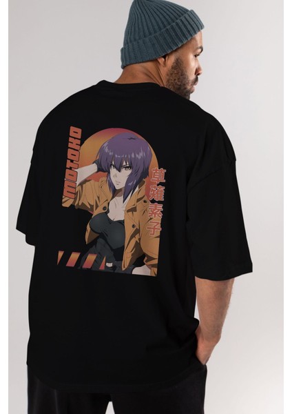 Motoko Kusanagi 9 Anime Arka Baskılı Siyah Oversize T-Shirt Erkek Kadın