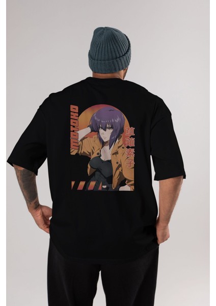 Motoko Kusanagi 9 Anime Arka Baskılı Siyah Oversize T-Shirt Erkek Kadın modelleri