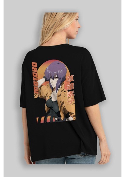 Motoko Kusanagi 9 Anime Arka Baskılı Siyah Oversize T-Shirt Erkek Kadın fırsatları