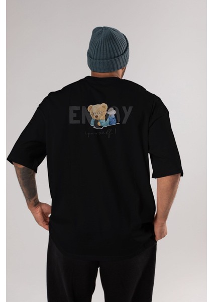 Teddy Bear Yourself Arka Baskılı Siyah Erkek Kadın Bisiklet Yaka Oversize T-Shirt