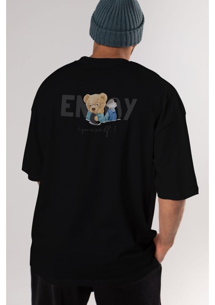 Teddy Bear Yourself Arka Baskılı Siyah Erkek Kadın Bisiklet Yaka Oversize T-Shirt modelleri