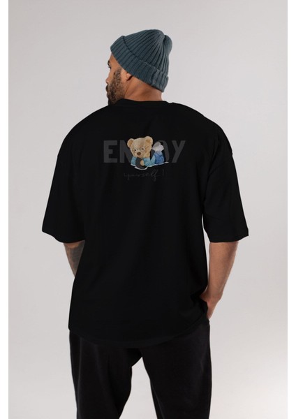 Teddy Bear Yourself Arka Baskılı Siyah Erkek Kadın Bisiklet Yaka Oversize T-Shirt fırsatları