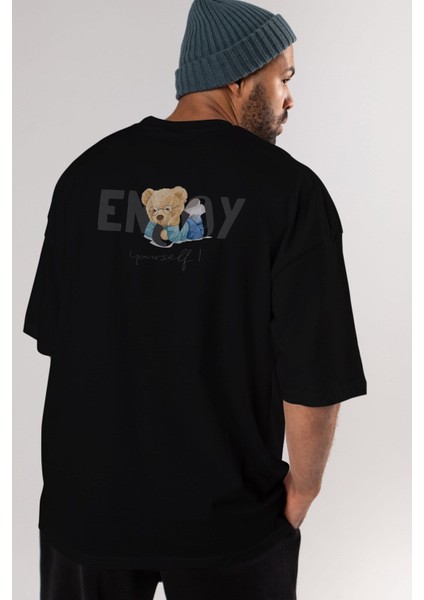Teddy Bear Yourself Arka Baskılı Siyah Erkek Kadın Bisiklet Yaka Oversize T-Shirt indirimleri