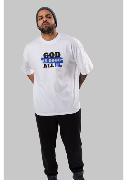 God Is Good Yazılı Ön Baskılı Beyaz Oversize T-Shirt Erkek Kadın Bisiklet Yaka