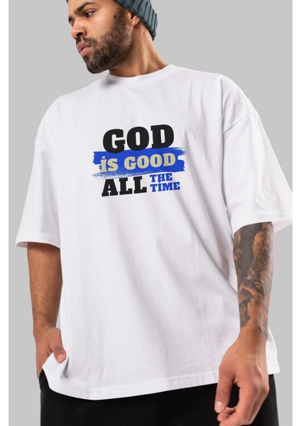 God Is Good Yazılı Ön Baskılı Beyaz Oversize T-Shirt Erkek Kadın Bisiklet Yaka fiyatları