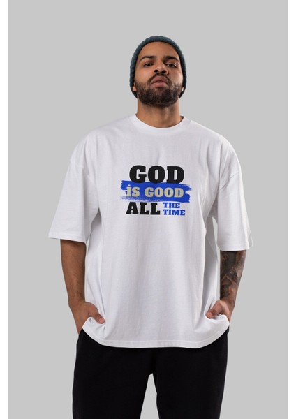 God Is Good Yazılı Ön Baskılı Beyaz Oversize T-Shirt Erkek Kadın Bisiklet Yaka fırsatları