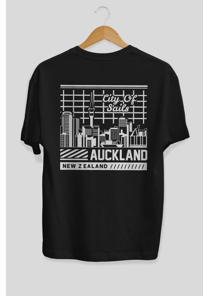 Auckland Arka Baskılı Siyah Oversize T-Shirt Erkek Kadın Bisiklet Yaka