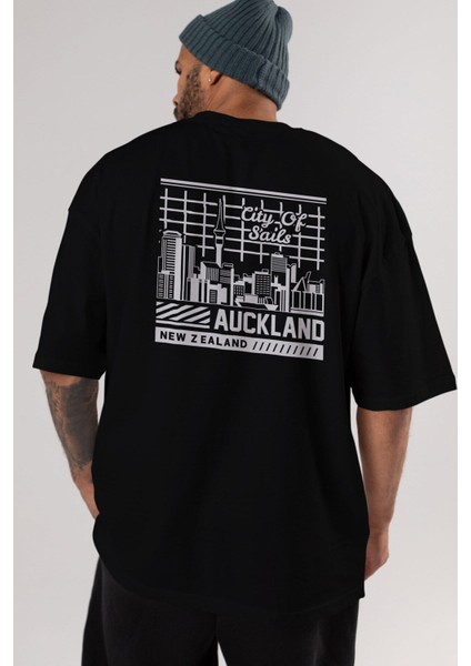 Auckland Arka Baskılı Siyah Oversize T-Shirt Erkek Kadın Bisiklet Yaka fiyatları