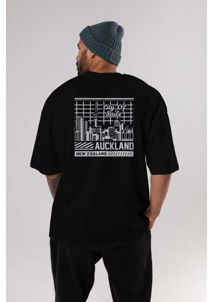 Auckland Arka Baskılı Siyah Oversize T-Shirt Erkek Kadın Bisiklet Yaka fırsatları