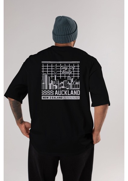 Auckland Arka Baskılı Siyah Oversize T-Shirt Erkek Kadın Bisiklet Yaka indirimleri