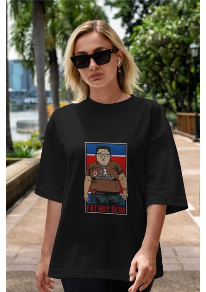 Fat Boy Slim Kim Jong Ön Baskılı Siyah Oversize T-Shirt Erkek Kadın Bisiklet Yaka indirimleri