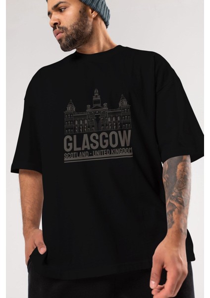 Glasgow Ön Baskılı Siyah Oversize T-Shirt Erkek Kadın Bisiklet Yaka