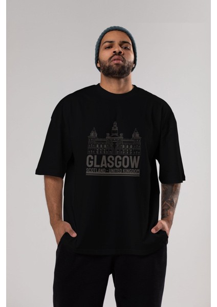 Glasgow Ön Baskılı Siyah Oversize T-Shirt Erkek Kadın Bisiklet Yaka fiyatları