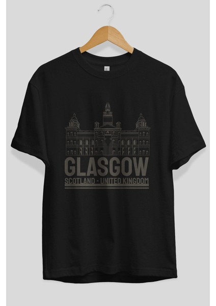 Glasgow Ön Baskılı Siyah Oversize T-Shirt Erkek Kadın Bisiklet Yaka modelleri