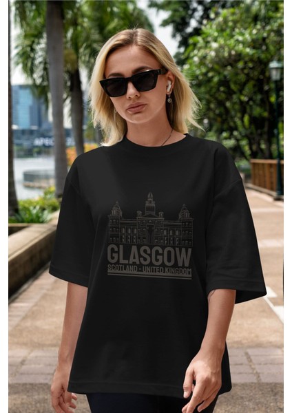 Glasgow Ön Baskılı Siyah Oversize T-Shirt Erkek Kadın Bisiklet Yaka fırsatları