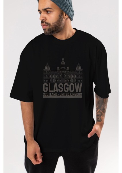 Glasgow Ön Baskılı Siyah Oversize T-Shirt Erkek Kadın Bisiklet Yaka indirimleri