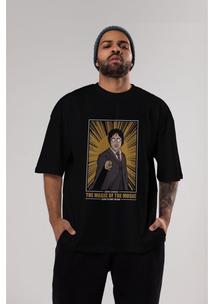 John Potter Ön Baskılı Siyah Oversize T-Shirt Erkek Kadın Bisiklet Yaka