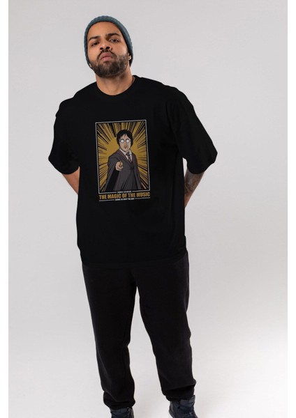 John Potter Ön Baskılı Siyah Oversize T-Shirt Erkek Kadın Bisiklet Yaka fiyatları