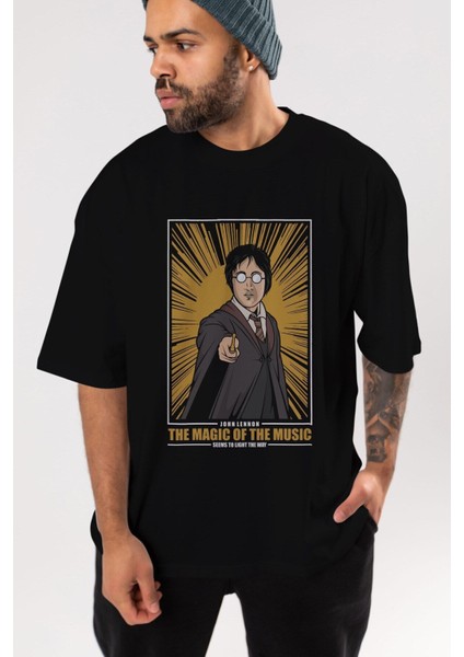 John Potter Ön Baskılı Siyah Oversize T-Shirt Erkek Kadın Bisiklet Yaka modelleri