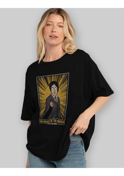John Potter Ön Baskılı Siyah Oversize T-Shirt Erkek Kadın Bisiklet Yaka fırsatları
