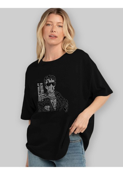 I_ll Be Back Ön Baskılı Siyah Oversize T-Shirt Erkek Kadın Bisiklet Yaka fırsatları