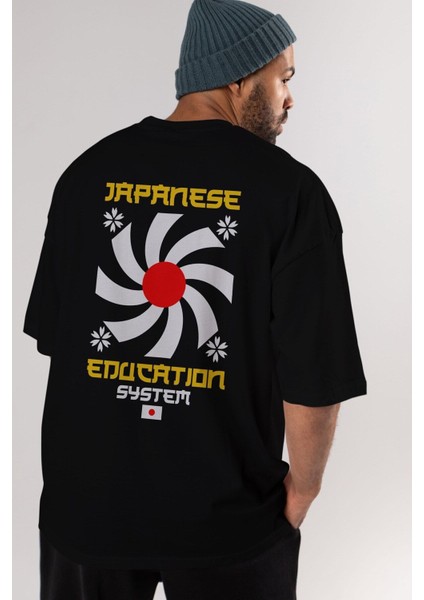 Japanese Education Arka Baskılı Siyah Oversize T-Shirt Erkek Kadın Bisiklet Yaka fiyatları