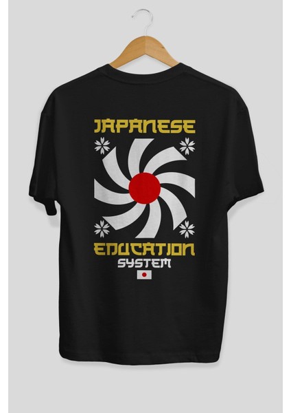 Japanese Education Arka Baskılı Siyah Oversize T-Shirt Erkek Kadın Bisiklet Yaka indirimleri