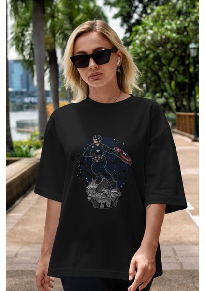 Captaın Amerıca Ön Baskılı Siyah Oversize T-Shirt Erkek Kadın Bisiklet Yaka