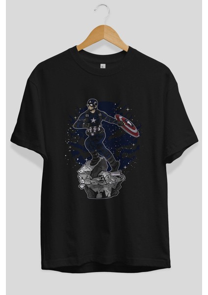 Captaın Amerıca Ön Baskılı Siyah Oversize T-Shirt Erkek Kadın Bisiklet Yaka