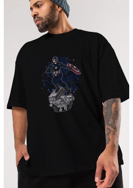 Captaın Amerıca Ön Baskılı Siyah Oversize T-Shirt Erkek Kadın Bisiklet Yaka