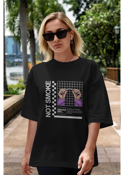 Not Smoke Ön Baskılı Siyah Oversize T-Shirt Erkek Kadın Bisiklet Yaka