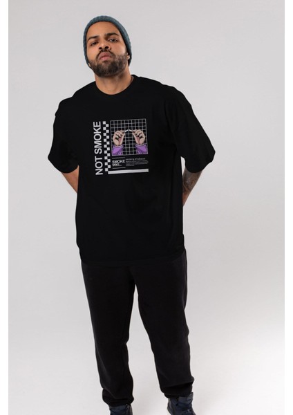 Not Smoke Ön Baskılı Siyah Oversize T-Shirt Erkek Kadın Bisiklet Yaka modelleri