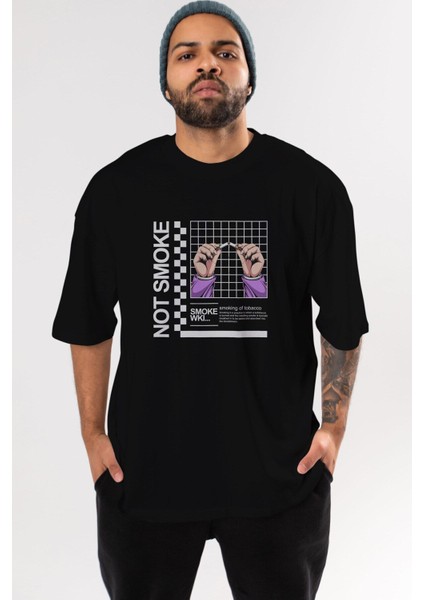Not Smoke Ön Baskılı Siyah Oversize T-Shirt Erkek Kadın Bisiklet Yaka indirimleri