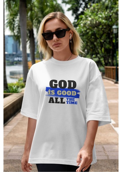 God Is Good Yazılı Ön Baskılı Beyaz Oversize T-Shirt Erkek Kadın Bisiklet Yaka indirimleri