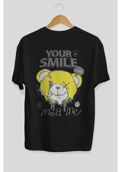 Your Smile Bear Arka Baskılı Siyah Oversize T-Shirt Erkek Kadın Bisiklet Yaka