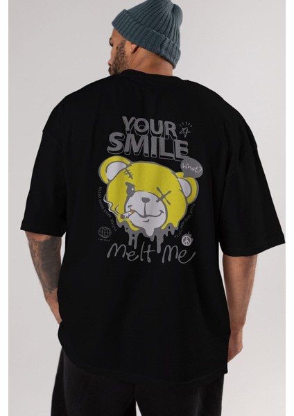 Your Smile Bear Arka Baskılı Siyah Oversize T-Shirt Erkek Kadın Bisiklet Yaka fiyatları