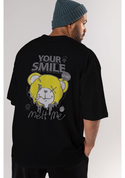 Your Smile Bear Arka Baskılı Siyah Oversize T-Shirt Erkek Kadın Bisiklet Yaka modelleri