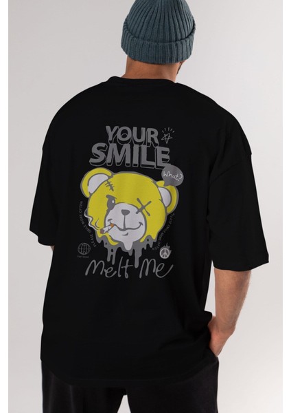 Your Smile Bear Arka Baskılı Siyah Oversize T-Shirt Erkek Kadın Bisiklet Yaka indirimleri