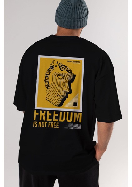 Freedom Is Not Free Arka Baskılı Siyah Oversize T-Shirt Erkek Kadın Bisiklet Yaka