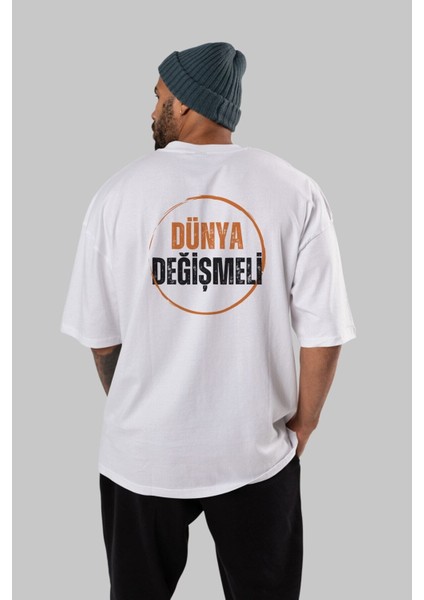 Dünya Değişmeli Yazılı Arka Baskılı Beyaz Oversize T-Shirt Erkek Kadın Bisiklet Yaka