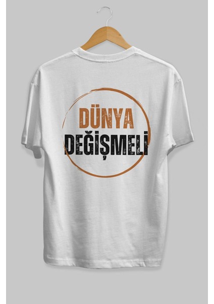 Dünya Değişmeli Yazılı Arka Baskılı Beyaz Oversize T-Shirt Erkek Kadın Bisiklet Yaka fiyatları