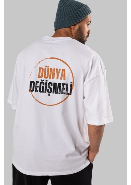 Dünya Değişmeli Yazılı Arka Baskılı Beyaz Oversize T-Shirt Erkek Kadın Bisiklet Yaka fırsatları