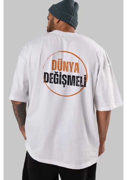 Dünya Değişmeli Yazılı Arka Baskılı Beyaz Oversize T-Shirt Erkek Kadın Bisiklet Yaka indirimleri