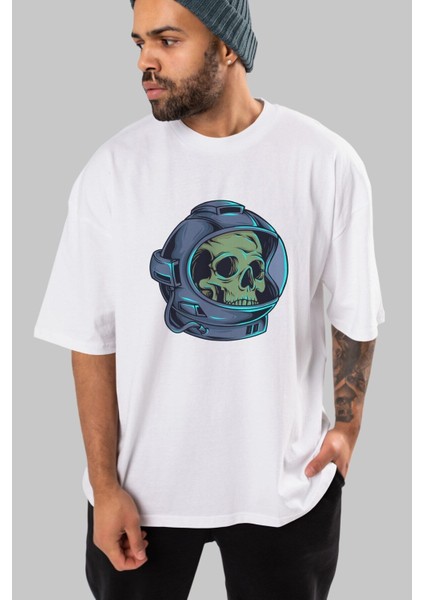 Astroskull Ön Baskılı Beyaz Oversize T-Shirt Erkek Kadın Bisiklet Yaka