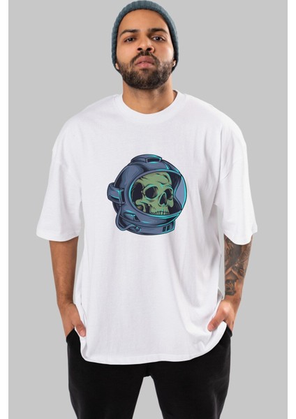 Astroskull Ön Baskılı Beyaz Oversize T-Shirt Erkek Kadın Bisiklet Yaka fiyatları